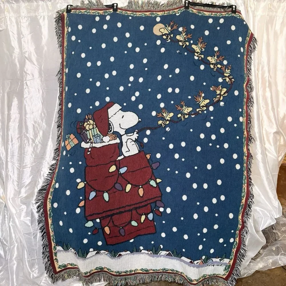 VTG Peanuts&Snoopy Christmas Woven Tapestry/Thrw/Blankt Fringe Holiday Woodstock